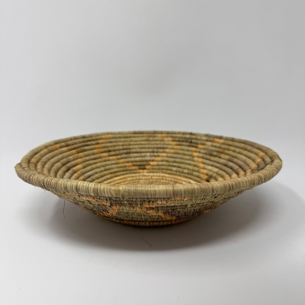 Vintage Handwoven Coiled Grass Basket Bowl Tribal Geometric Boho Decor 9"
